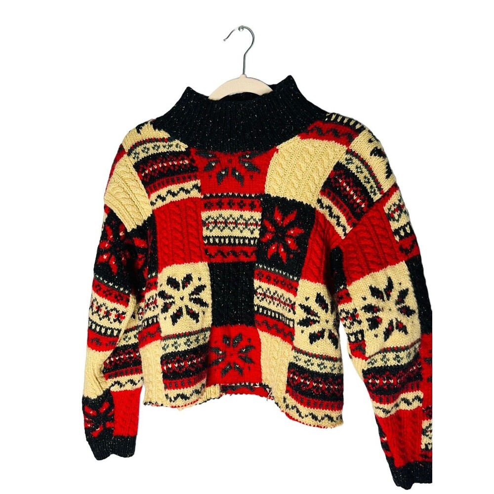 Vtg Jones New York Hand Knit Sweater Wool Heavy Comfy Red Black Design Exclusive
